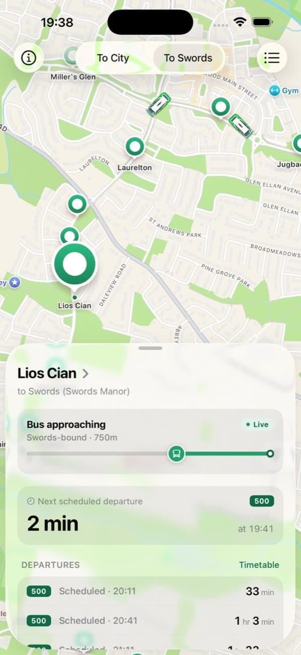 Stop sheet showing 'Bus approaching, 750m' with a live progress bar, above the next scheduled departure in 2 minutes