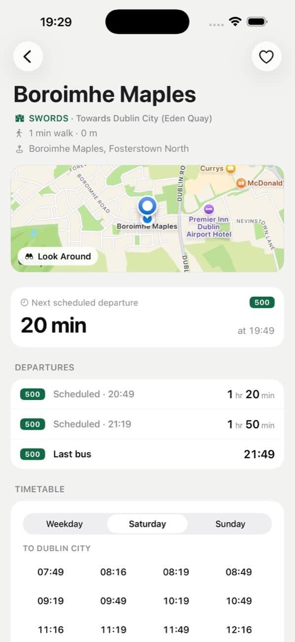 Stop detail screen with walking time, departures and the Saturday timetable