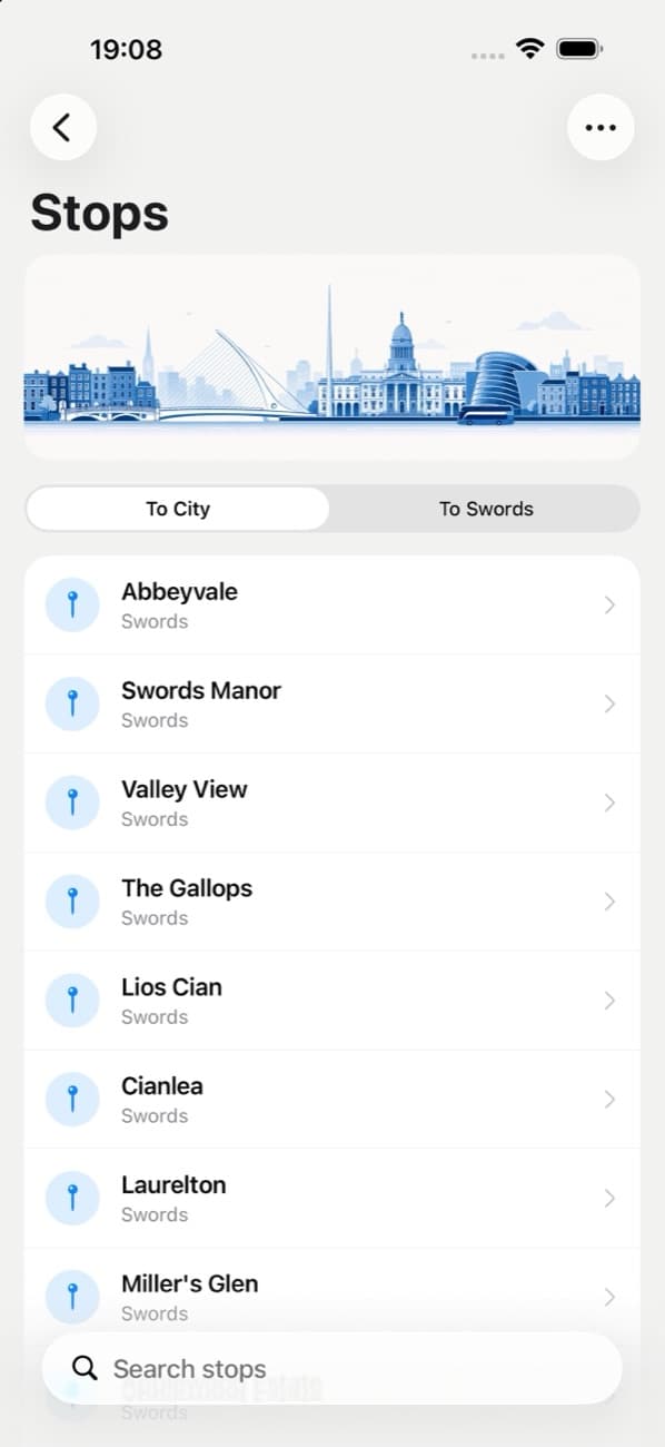 List of stops towards the city, with a search field